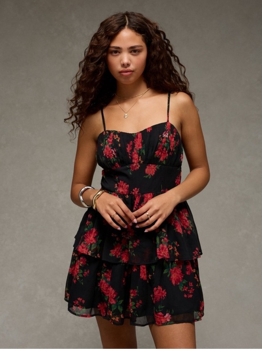 NWT AE Ruched Tie Back Black Floral Mini Dress